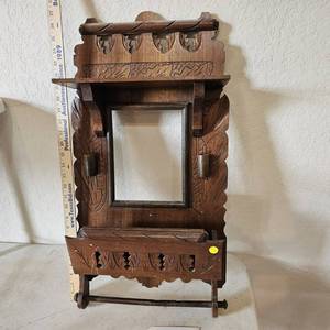 lot 811 image: Antique Walnut Wall-Mounted Towel Holder with Candle Cups (missing mirror)