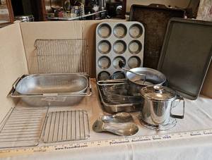 lot 828 image: Food Mill, Grease Can, Strainer, Baking Pans, etc.