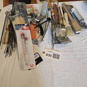 lot 830 image: Skewers, thermometers, tongs, etc.
