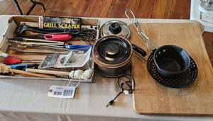 lot 836 image: GrillingBBQ Tools, Cutting Board, Pots, etc.