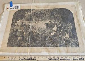lot 843 image: Harpers Weekly 1874 A Deer Drive In The Texas Cross Timbers