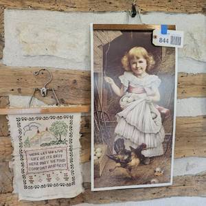 lot 844 image: Shoo Print and Stitched Sampler Here Let Us Live
