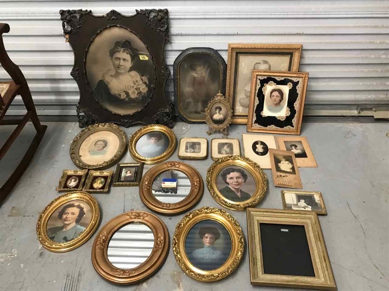 lot 43 image: Mixed Assortment of Framed Old Photos & Mirror in Oval Frames and (1) Larger Antique Rectangular Frame with Photo