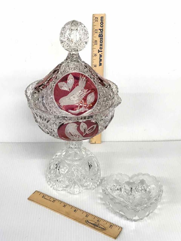 lot 50 image: Hofbauer Byrdes  (1) Ruby Red Lidded Compote, (1) Heart Shaped Small Bowl