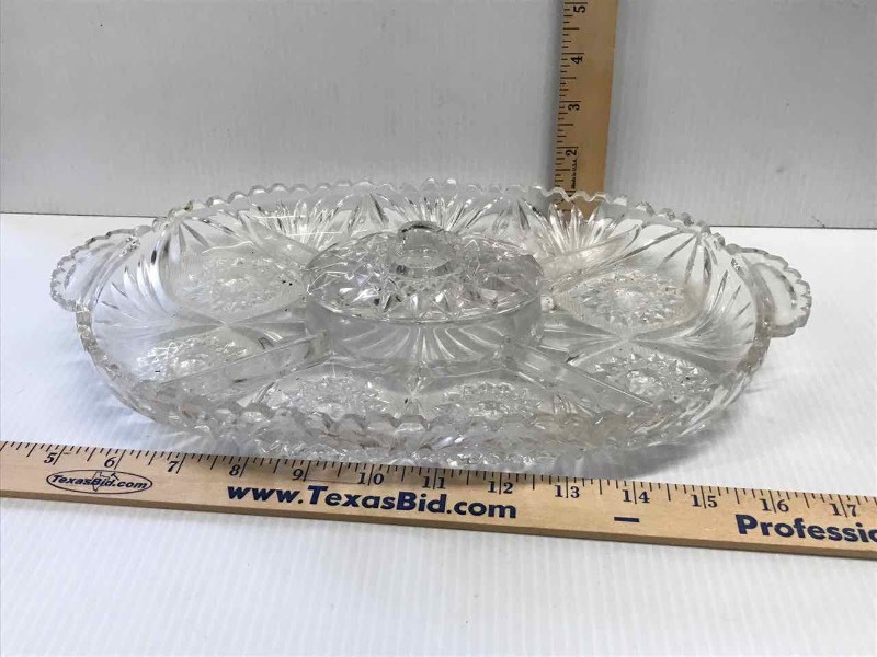 lot 86 image: Pressed Glass Tid-Bits Divided Dish with Covered Center