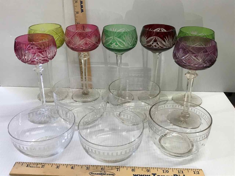 lot 89 image: (7) Cut Colored Crystal Wine Stems & (5) Fine Etched Bowls