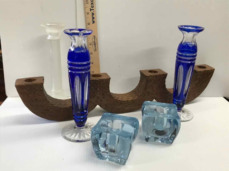 lot 90 image: Candlesticks Cobalt & Clear Glass, (2) Blue Art Glass Skrut Cubes, (1) Satin Glass, Four-Hole Carved Wood