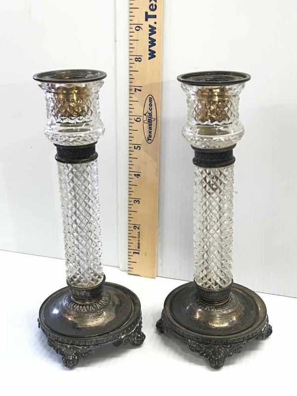 lot 91 image: (2) Candlesticks  Cut Glass & Silver Plate