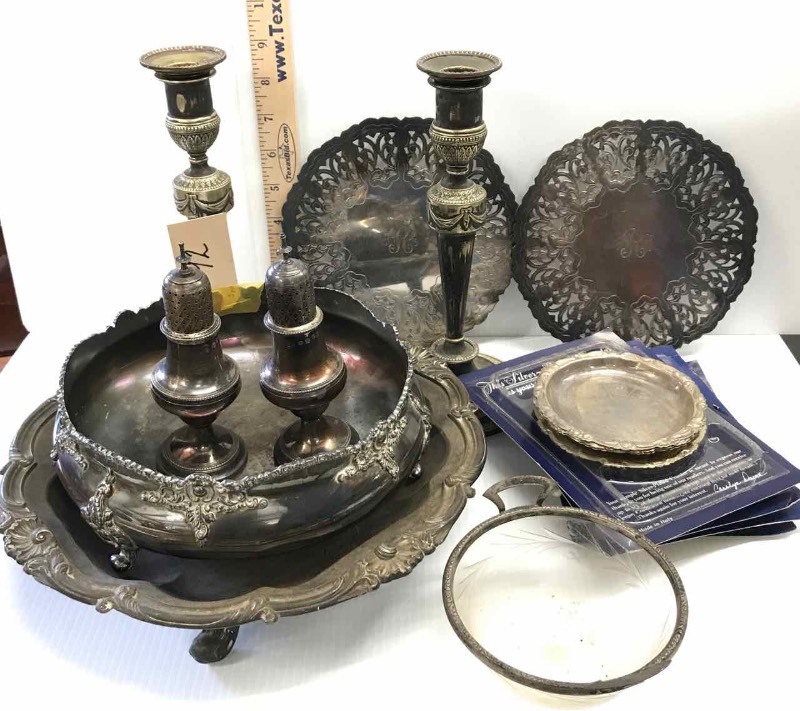 lot 92 image: Silver Plate  Trivets, Salt & Pepper, Bowl, Coasters