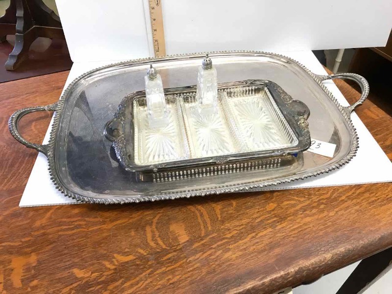 lot 93 image: Silver Plate Large Serving Platter, Divided Serving Dish, S&P