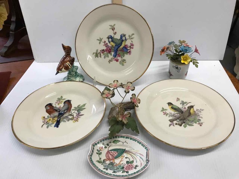 lot 102 image: Birds  (3) JWK Western Germany Plates, Figurine, Ted Arnold Porcelain Flowers, Hand Painted Portugal Dish