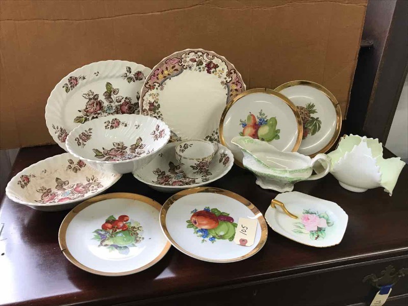lot 105 image: Asst. Decorator Plates, Milk Glass Comport, Plates, Cut Glass Basket, Painted & Signed Nappy, Gravy Boat, Cup