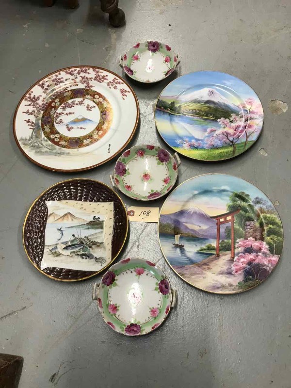 lot 108 image: (3) Cherry Tree Blossoming Plates, Asst. Of The Orient Silk Wall Hangings, Lamp Base, Stands, Bowls