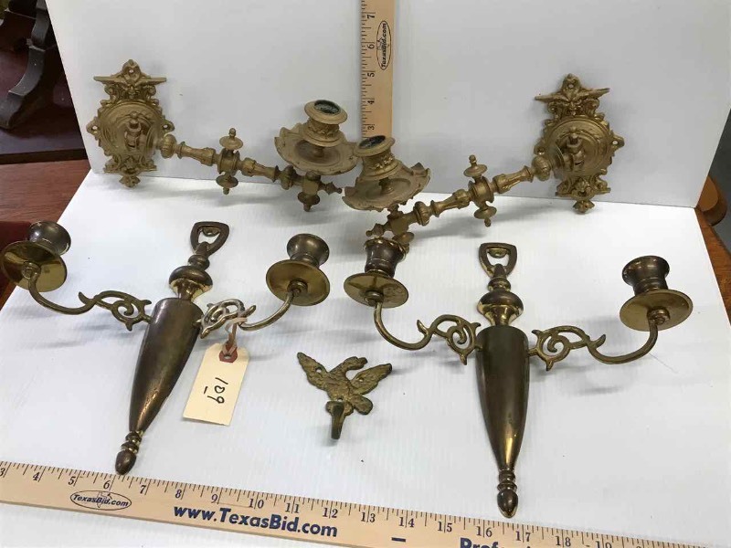 lot 109 image: (2 pair) Wall Mounted Brass Candle Holders