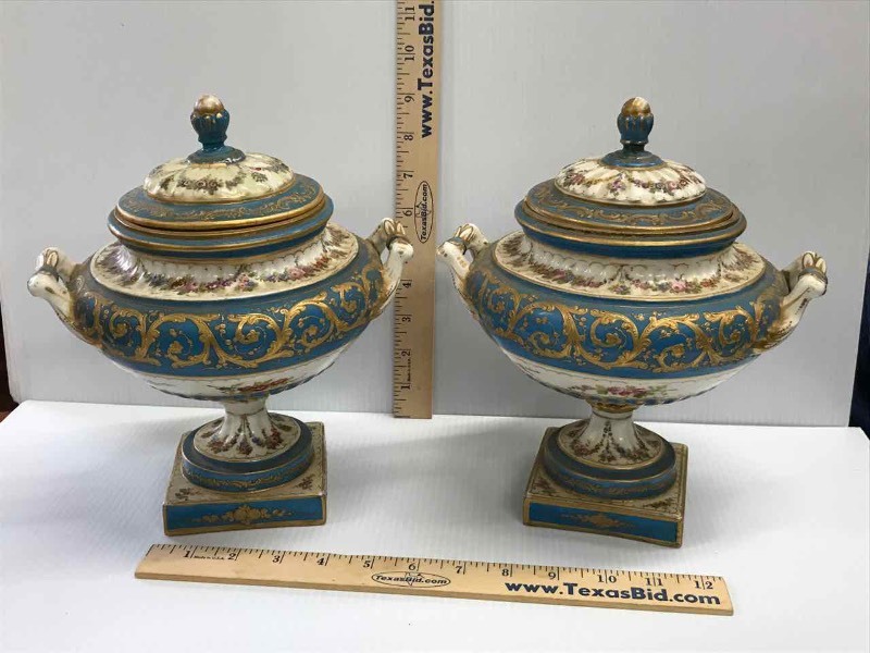 lot 110 image: (2) Antique Urns, Highly Decorated Porcelain Lidded 
