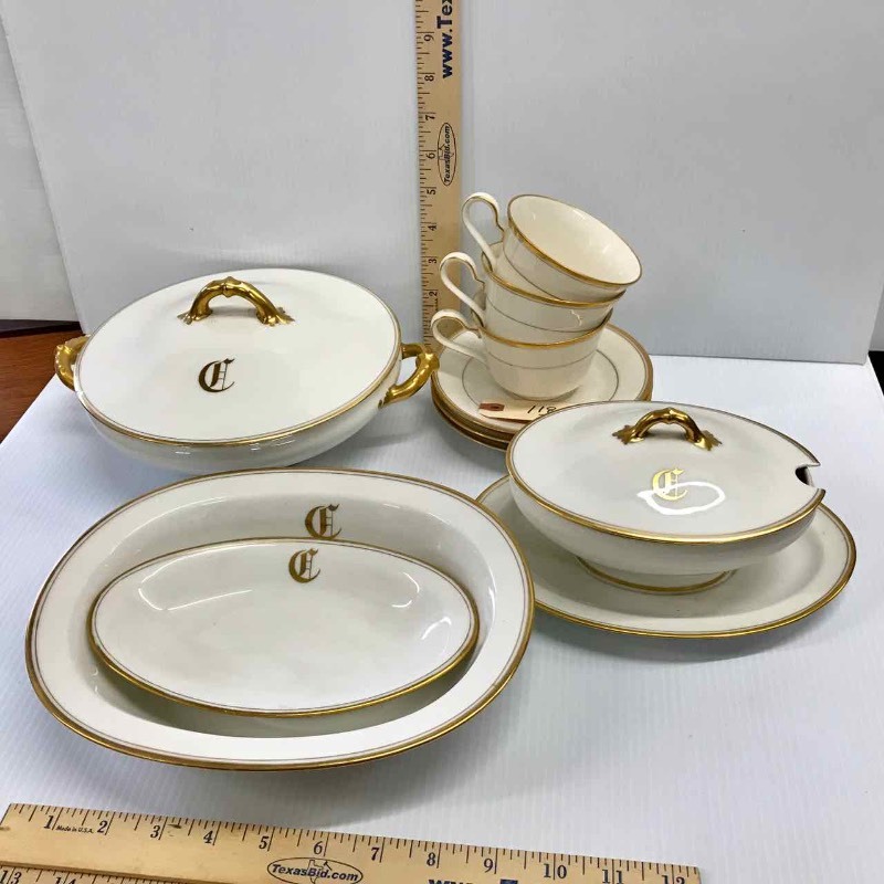 lot 118 image: Haviland France Hand Painted Stouffer C Lidded Tureen, Lidded Gravy Boat, Bowl, Small Oval and (3) Noritake Linton Cups & Saucers