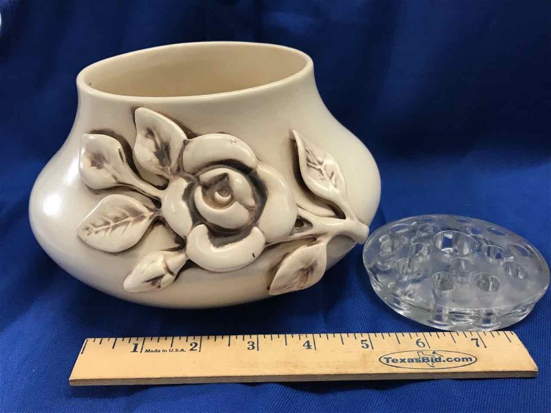 lot 122 image: Art Pottery Bowl, Raised Rose Motif with a Glass Flower Frog (174)