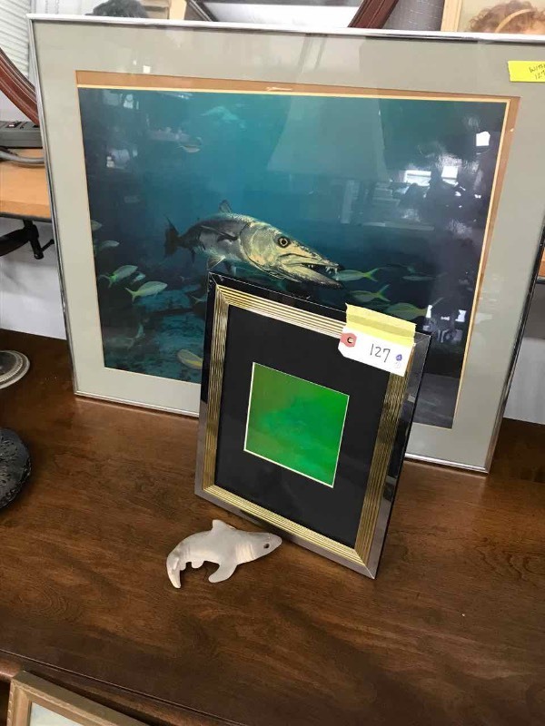 lot 127 image: Sharks  Figurine, Framed Lenticular Image, and a framed Barracuda Print