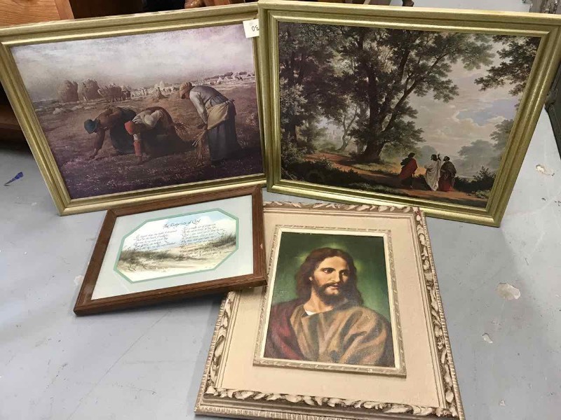lot 130 image: (4) Framed Art Jesus, Women Working, Footprints, Apostles