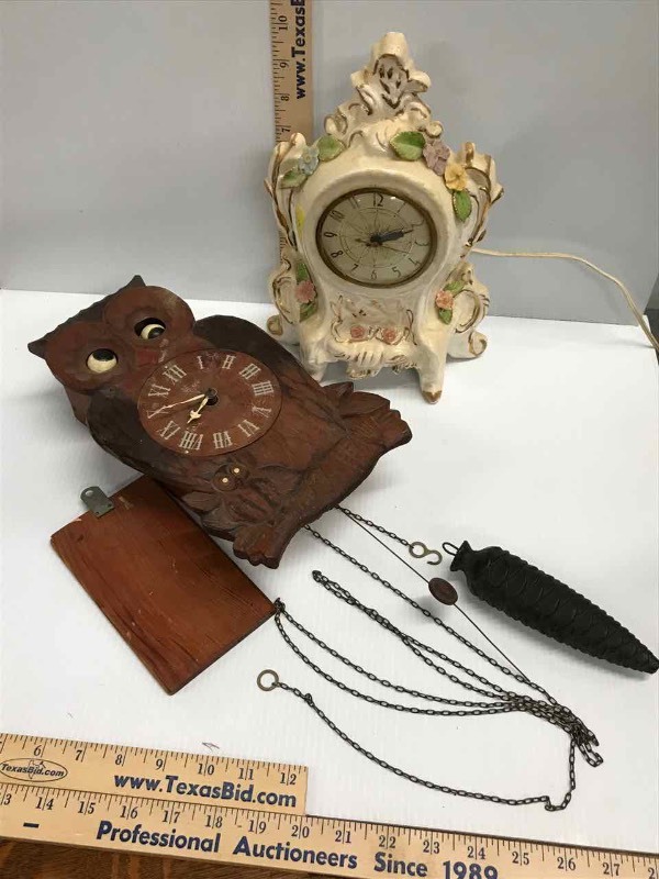 lot 149 image: (2) Old Clocks  Carved Wood Owl with Eyes and Electric Ceramic Upright