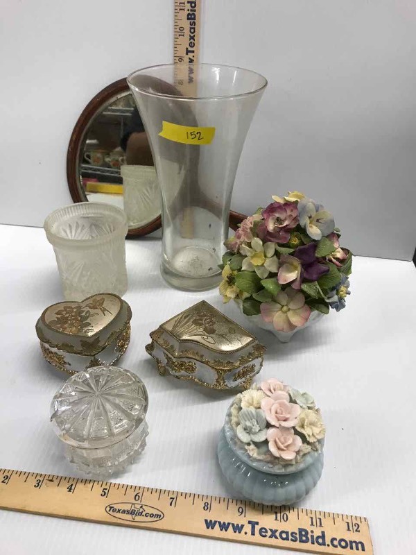 lot 152 image: Dresser Top Boxes, Hand Mirror, Flower, Figurines, Vase