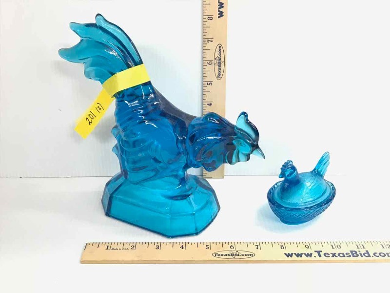 lot 201 image: Blue Glass Rooster & Little Hen On Nest