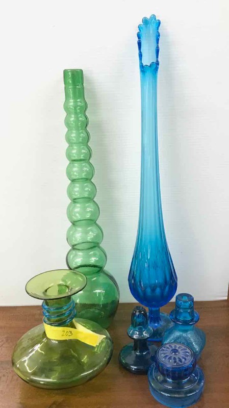 lot 203 image: Colored Glass  Blue Vase, Green Bottle, (2) Stoppers, Green Vase with Blue Coil D�cor