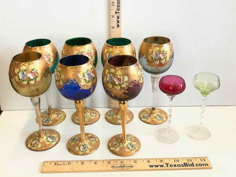 lot 213 image: (7) Wine Stems, Painted Overlay, Made in Italy & (2) Twisted Stem Cordials