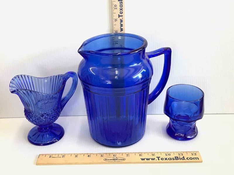 lot 214 image: (3) Cobalt Glass Creamer, Pitcher, Tumbler