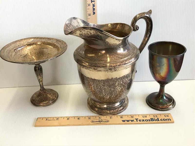 lot 217 image: (3) Sterling Weighted Candy Dish, Pitcher, Cup