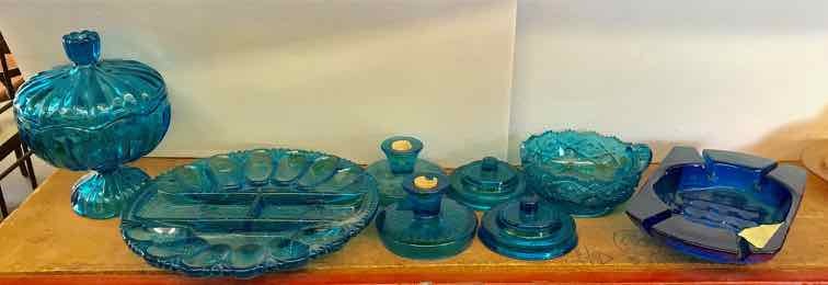lot 220 image: Blue Glass  Candy Dish, Finger Bowl, Butt Tray, Egg Plate, 2 Candle Holders