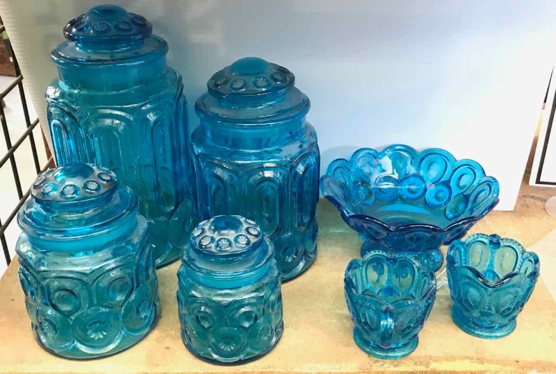lot 221 image: Blue Glass Canister Set, Creamer & Sugar