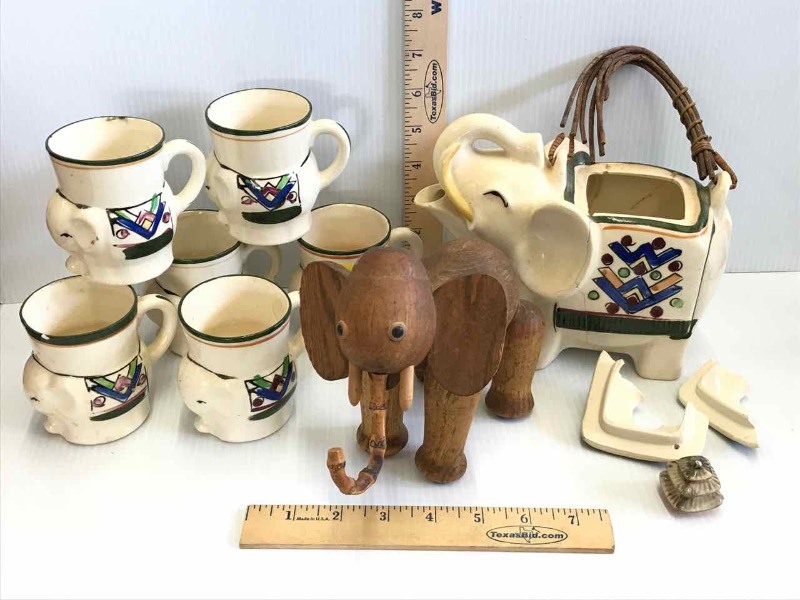 lot 225 image: elephants Wood Figurine and 6 cups, 1 pitcher