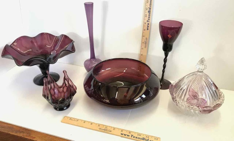 lot 227 image: Amethyst Glass  Low Console Bowl, Vase, Compote, Stem