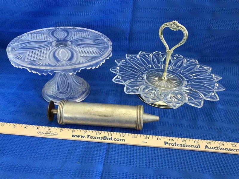lot 230 image: Pressed Glass Pedestal Cake Plate, Tid-Bit Tray, Cookie Press
