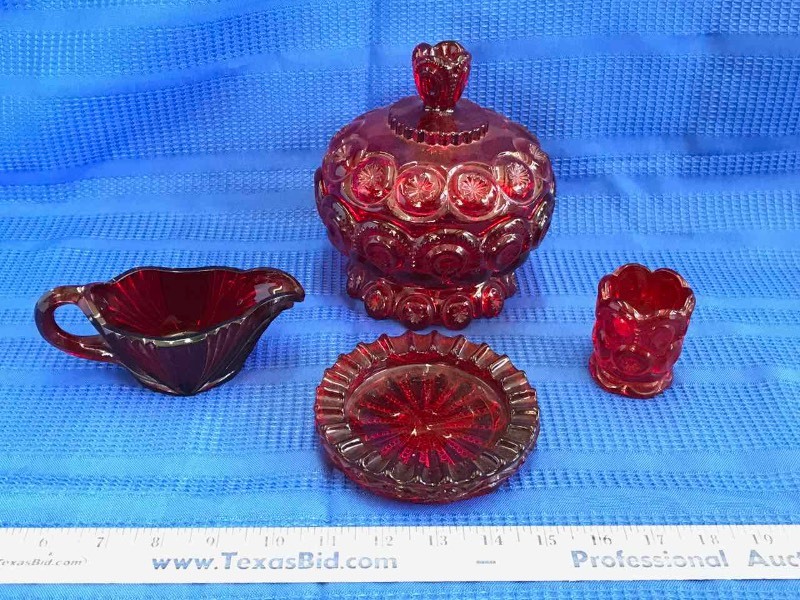 lot 231 image: Red Glass Candy Dish, Toothpick Jar, Creamer, Ash Tray