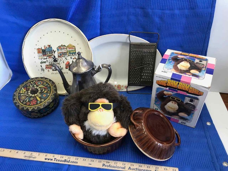 lot 233 image: Silver Plate Tea Pot, Tin Canister, Bean Pot, Platter, Bam Bam Gorilla