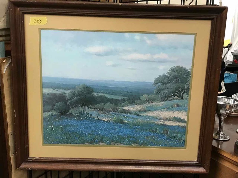 lot 308 image: Framed Print Porforio Salinas 1965, Bluebonnets & Hills