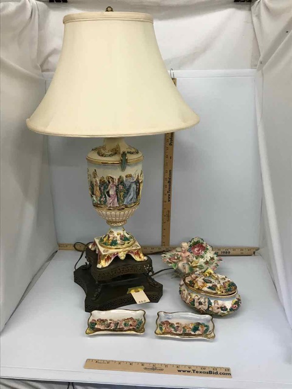 lot 320 image: Capodimonte ItalyStyled As Lamp, Lidded Jar, Trinket Dishes, Pedestal Bowl