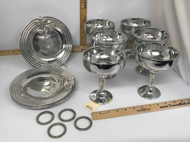 lot 322 image: Pewter Margarita Glasses, Snack Plates, Napkin Rings