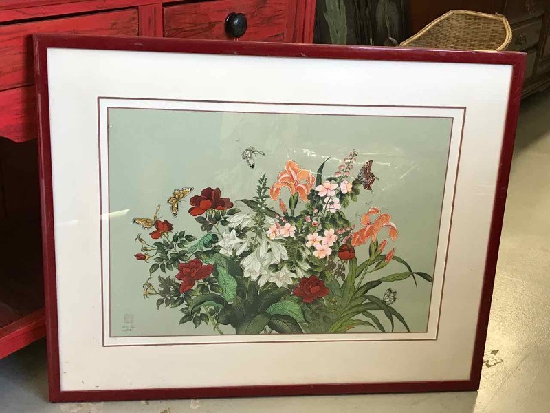 lot 330 image: Red Lacquer Framed, Signed & Numbered Serigraph Art, An-Li 123250 (Flowers & Butterflies)