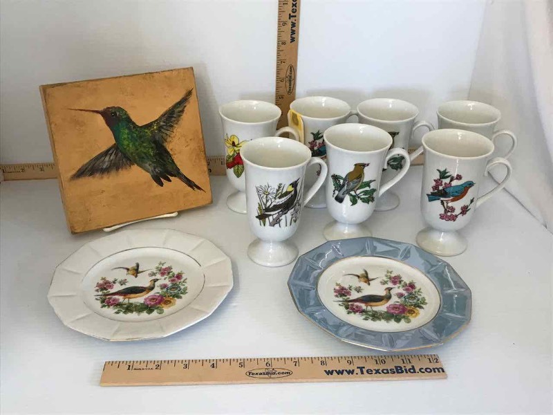 lot 331 image: Birds Painted Hummingbird Plaque, (2) Germany Plates, (7) Cups