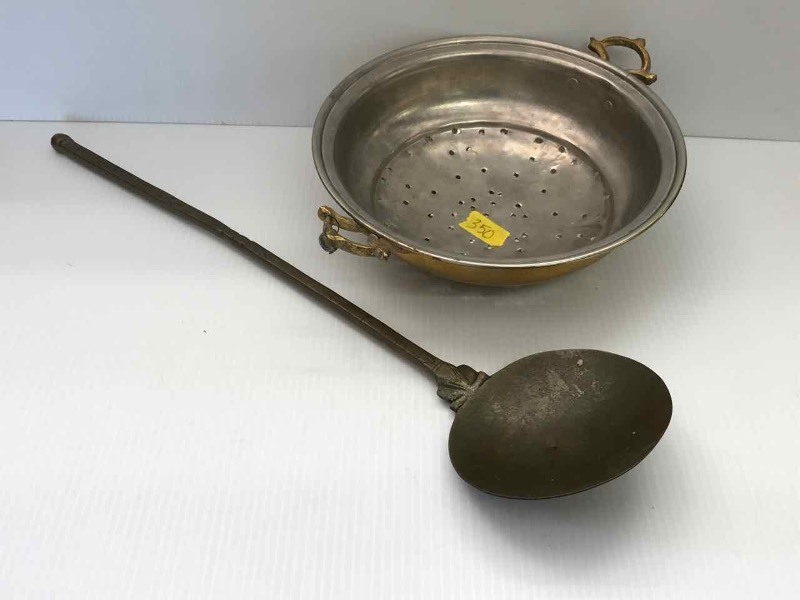lot 350 image: Brass Colander & Long Handled Spoon