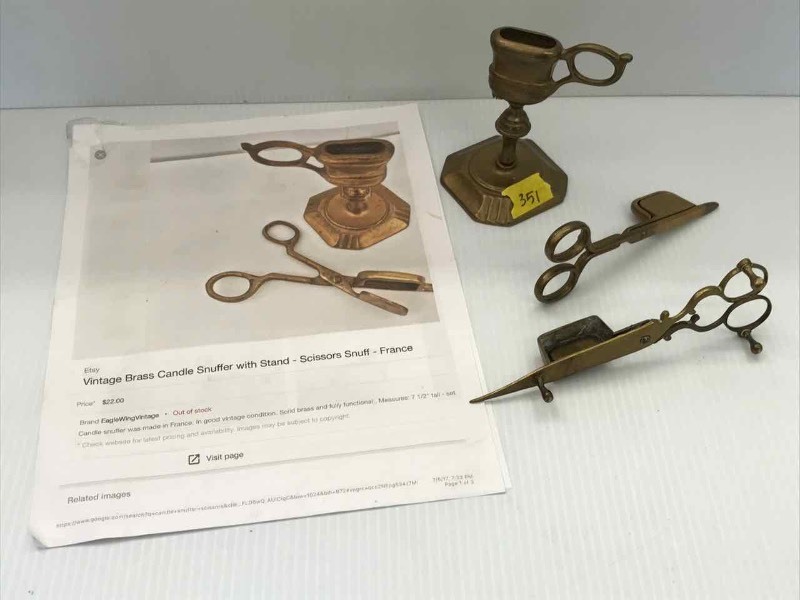 lot 351 image: Brass Candle Snuffer with Stand and Brass Snuffer