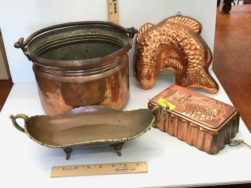 lot 356 image: (4) Copper Pail, Molds, Bowl