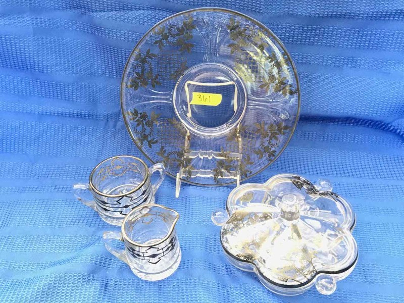 lot 361 image: (4) Elegant Clear with Silver Overlay Glass Lidded Candy Dish, Plate, Creamer, Sugar