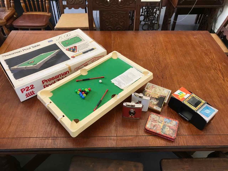 lot 362 image: (2) Flasks, Playing Cards, Shuffler, Pressman Pool Table Game