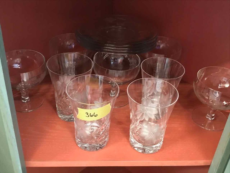 lot 366 image: (4) Etched Crystal Cups & Saucers, (6) Custards