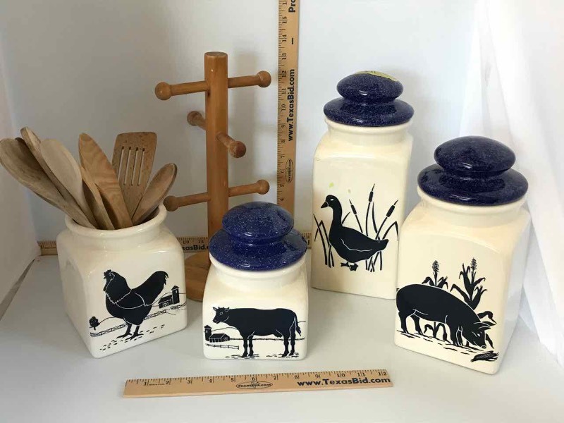 lot 371 image: Ceramic Canister Set, Wood Utensils