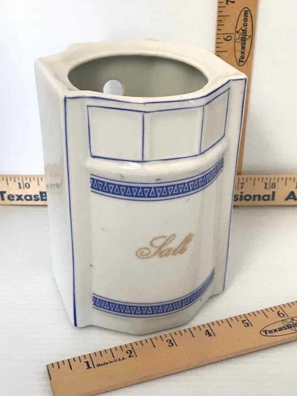 lot 375 image: Salt Jar, Blue & White with Gold Writing, Germany 5549